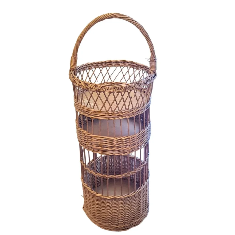 Mid 20th-Century Cottage Chic Bamboo & Willow Tiered Round Storage Basket Tower